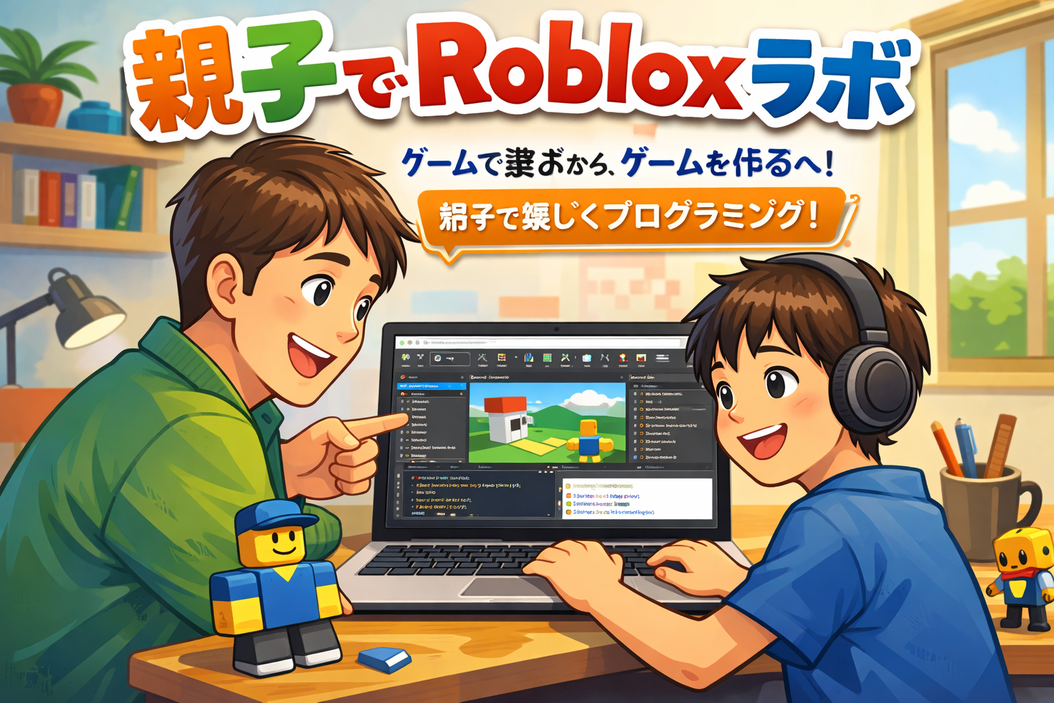 親子でRobloxを使ってプログラミングを学ぶ様子